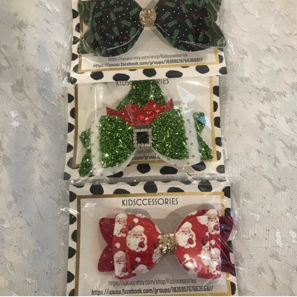 Glitter Christmas Bow Hair Clips - Bundle of 3, New